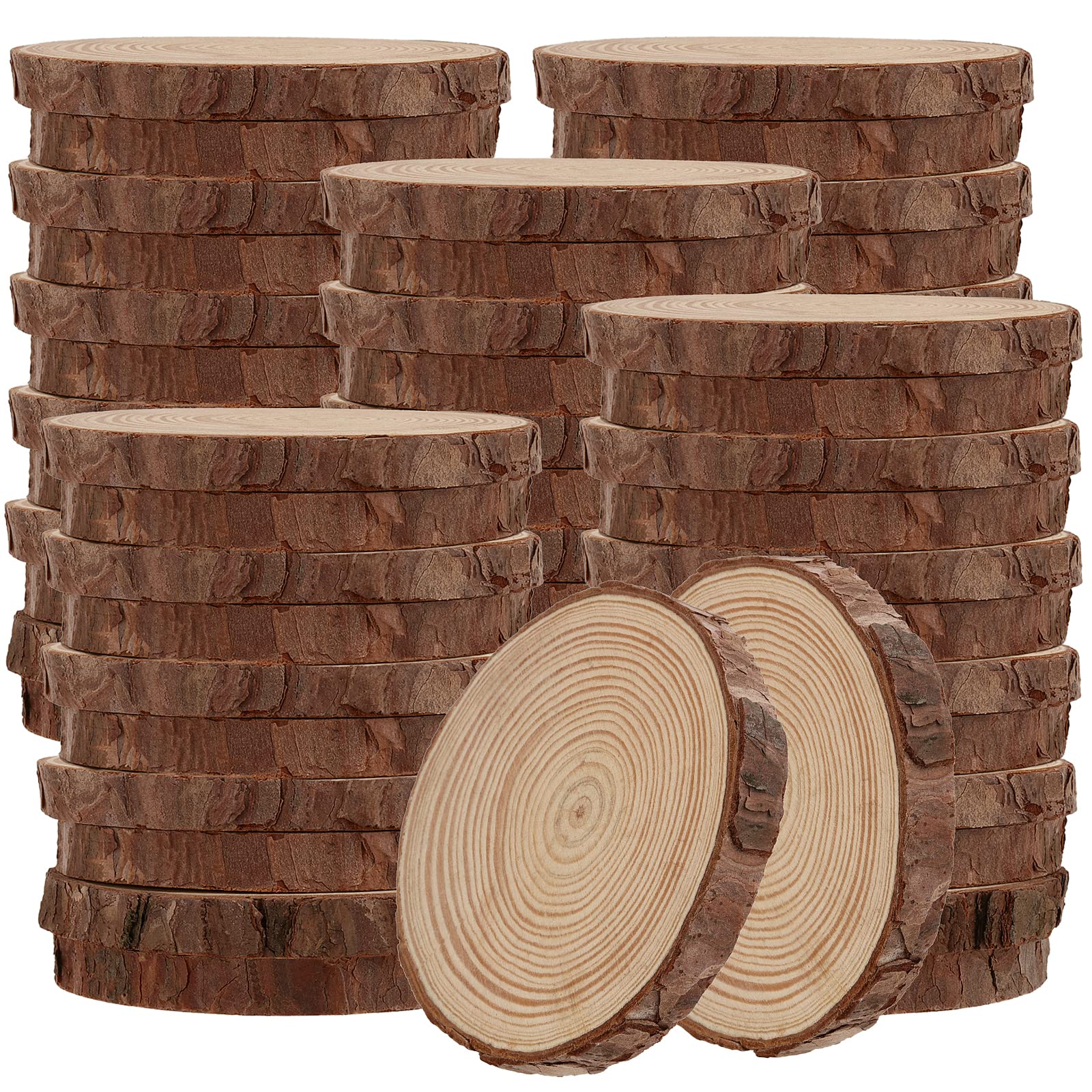 MUKLEI 60 PCS 9-10cm Natural Wood Slices, No Hole Wooden Log Slices, Unfinished Log Wooden Circles Wood Discs for Arts, DIY Crafts, Christmas Ornaments, Wedding Decoration, Wood Coasters