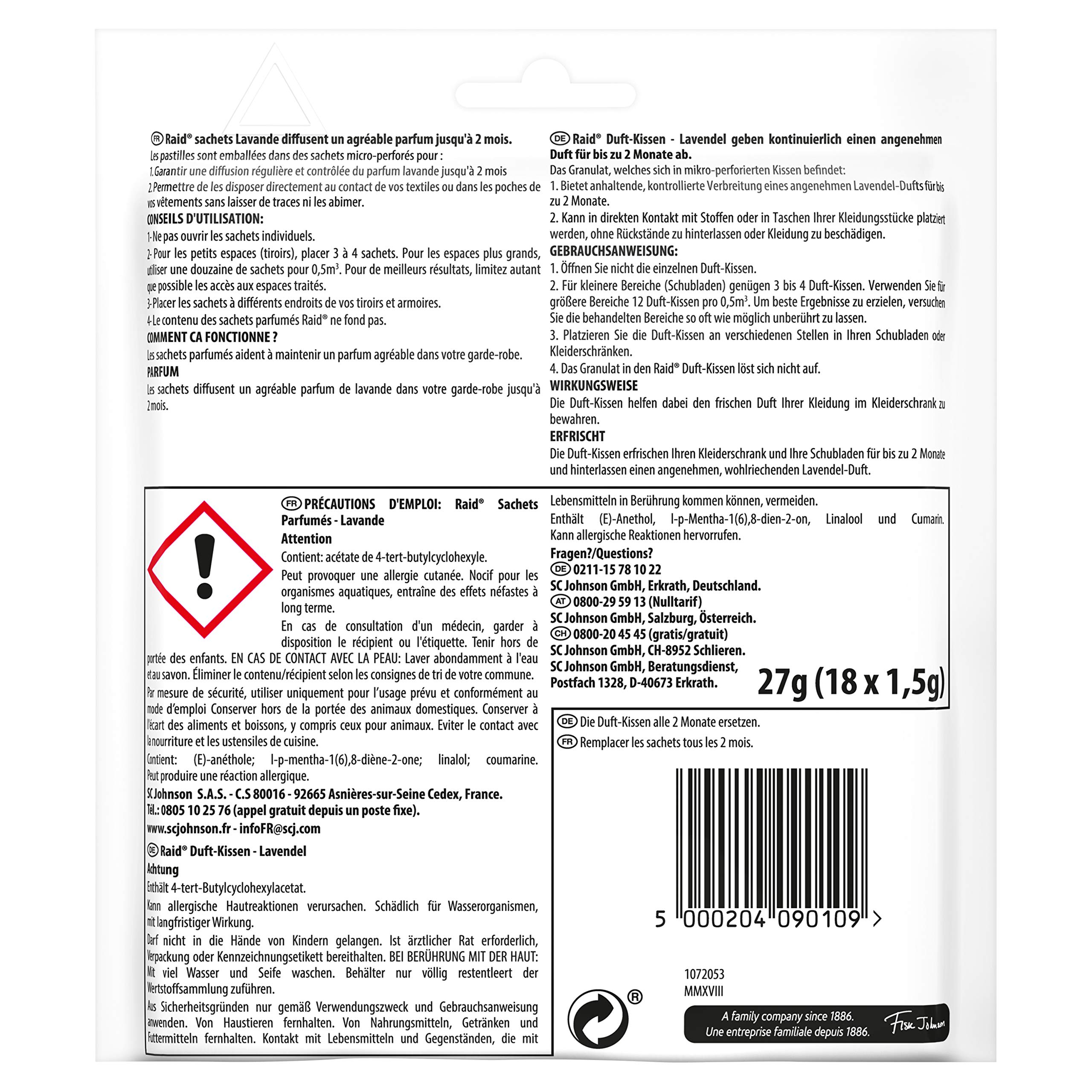 Raid Essentials (Paral) Duft-Kissen Lavendel, frischer Lavendelduft für Kleiderschrank und Schubladen, bis zu 2 Monate wirksam, 1er Pack (1 x 18 Stück) 2