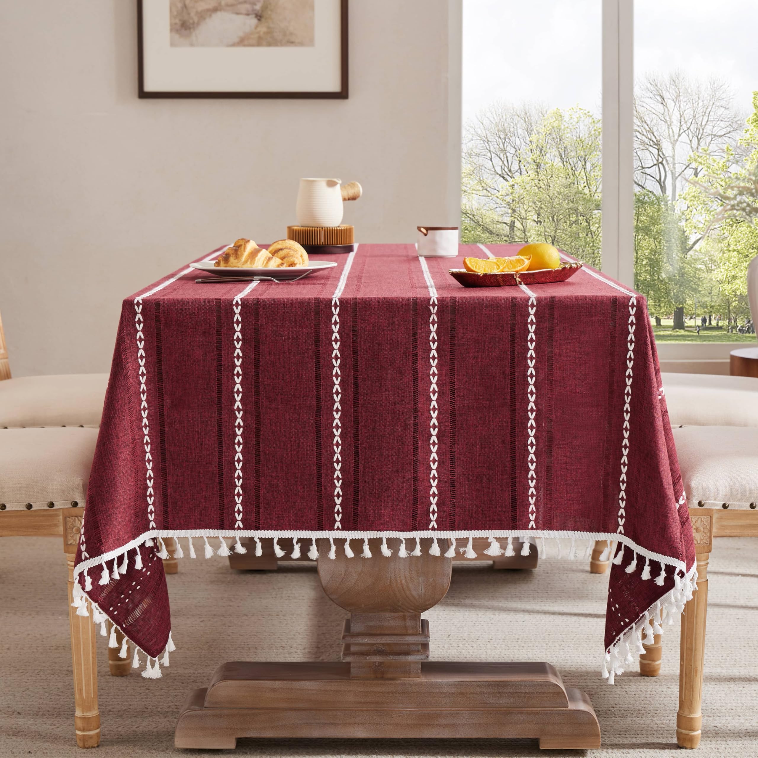 Photo 1 of ZeeMart Hemstitched Embroidery Striped Boho Tablecloth 60x60 Inch Burgundy, Heavy Weight Farmhouse Burlap Linen Red Tablecloth, Wrinkle Resistant Washable Table Cloth for Square Table