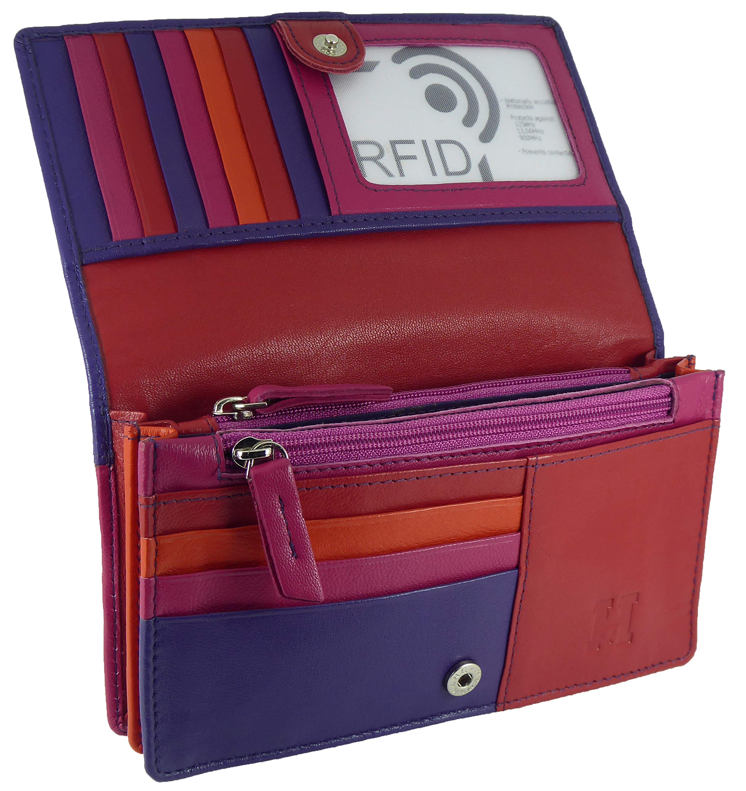 Womens Leather Flapover Matinee Organiser Purse RFID Protection 10 Cards, Notes and Coins (Purple Multi) — image 1