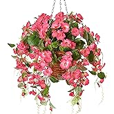 Artificial Fake Hanging Hibiscus Flowers Plants Baskets for Outdoor Decoration, Faux Silk Hibiscus Long Vines in Planter UV Resistant Realistic Flowers for Outside Porch Patio Home Decor, Pink