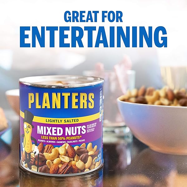 PLANTERS LIGHTLY SALTED MIXED NUTS, 15 OZ CANISTER – LESS THAN 50% PEANUTS BY WEIGHT (BREAK) ALMONDS, CASHEWS, PECANS, BRAZIL NUTS ROASTED IN PEANUT OIL – ON-THE-GO SNACK AND MOVIE SNACK – RESEALABLE CANISTER – KOSHER