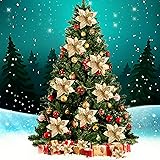 15 Pieces Christmas Glitter Artificial Poinsettia Flowers Artificial Wedding Flowers Decorations Xmas Tree Ornaments with Cli