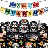 195 PCS Day of The Dead Party Plates and Napkins Set - Sugar Skull Tableware Set Dia De Los Muertos Banners Tablecloths Mexican Party Supplies for Halloween Fiesta Birthday Decors, Serves 24