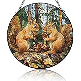Wildlife Stained Glass Window Hanging, Striped Squirrel Suncatcher Diamond Glass Panel Hangings Scenery Sun Catchers Decor for Birthday for Women, Men, Wife, Aunt, and Mom 6.3in