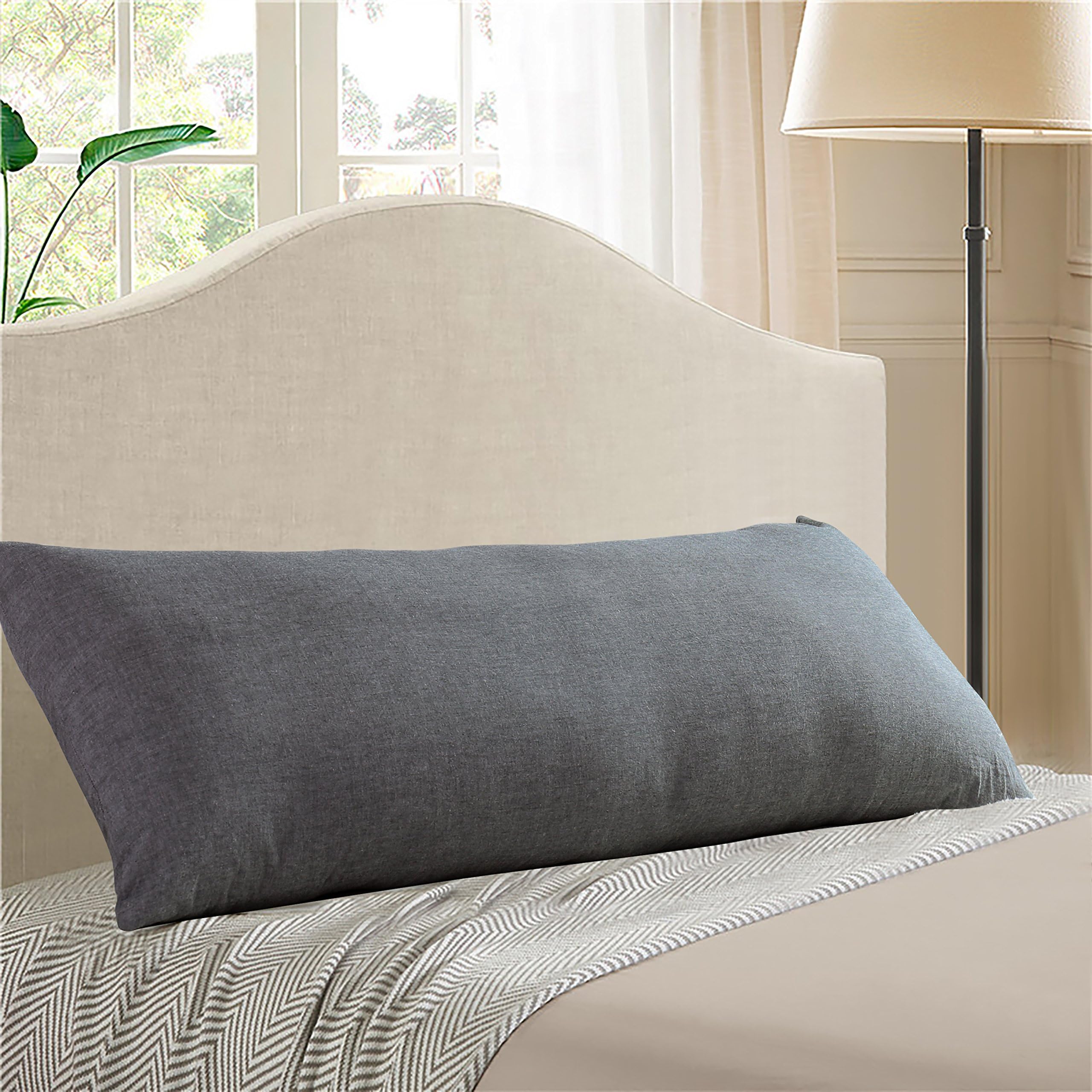 EVOLIVE Pre-Washed 100% Yarn-Dyed Cotton Body Pillow Cover 21" x 54", Soft Breathable Long Pillowcase with Zipper Closure, Machine Washable, Natural (Neutral Grey, 21“x54)