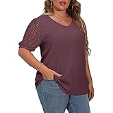 OLRIK Plus Size Tops for Women Summer Blouse Waffle Knit Short Lace Sleeve Shirts