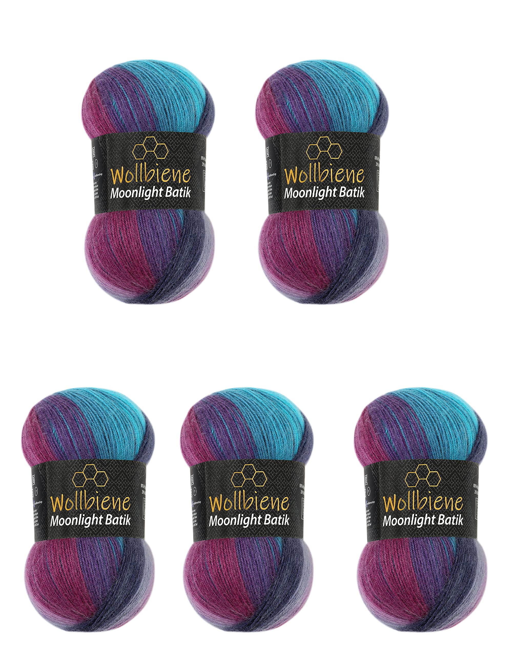 Wollbiene Moonlight Batik 5 x 100g Gradient Wool for Knitting and Crocheting - 500g Turkish Wool - Berry Purple Turquoise — image 1