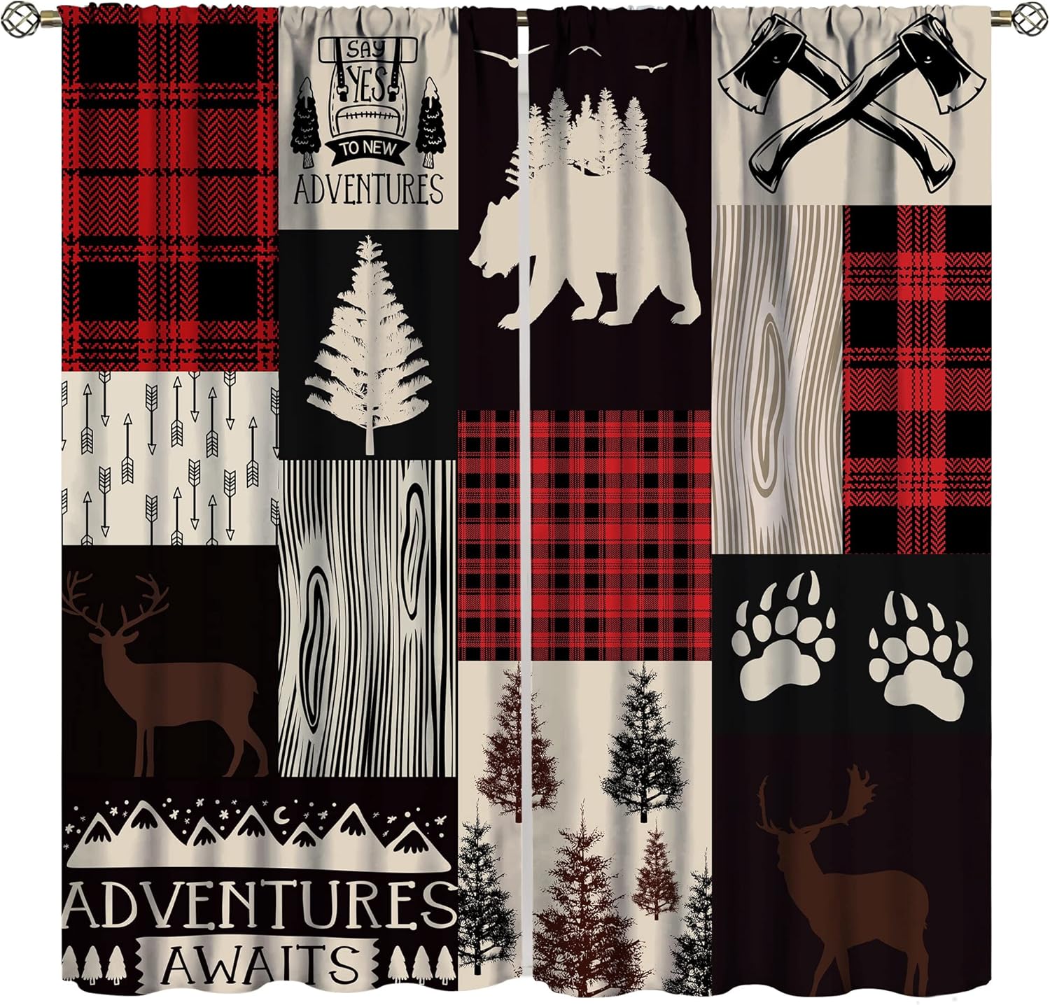 Outdoor Curtains - Cabin Window Curtains,Rustic Adventure Bear Deer Curtains Hunting Wildlife Blackout Curtains Plaid Farmhouse Curtains Drapes Western Country Decor Panels for Bedroom 21x63in,2 Panel Set