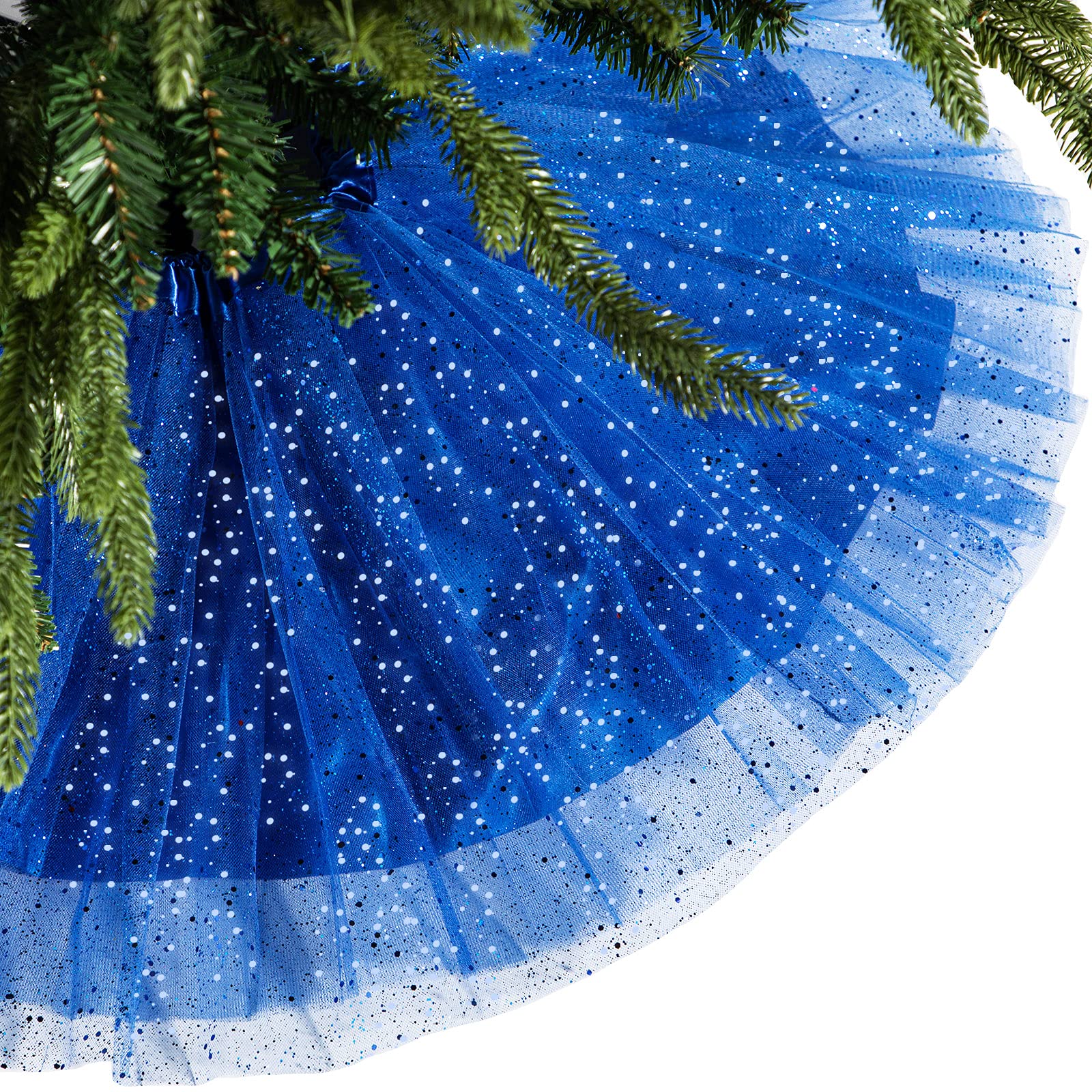 Christmas Tree Skirt Ruffle Glitter Shiny Xmas Tree Tulle Skirt Sequin Double Layers Xmas Trees Round Mat for Christmas Valentine's Day Party Decoration Indoor Outdoor (Deep Blue, 36 Inch)