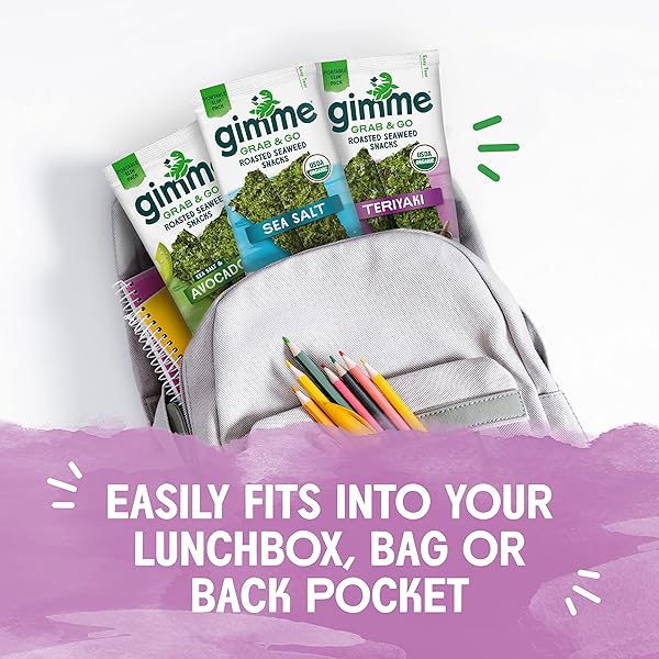 GIMME SEAWEED GRAB & GO ORGANIC PREMIUM ROASTED SEAWEED SNACKS, TERIYAKI, 5 COUNT TRAYLESS, KETO, VEGAN, GLUTEN-FREE, SOURCE OF OMEGA3S AND IODINE, HEALTHY ON-THE-GO SNACK FOR KIDS AND ADULTS