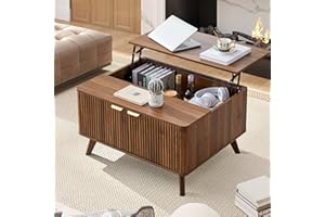 XUZENEST Fluted Lift Top Coffee Table with Large Hidden Compartment, 31.5” Wooden Center Table with Storage, Mid Century Modern Lift Tabletop Coffee Tables for Living Room Home Office, Walnut