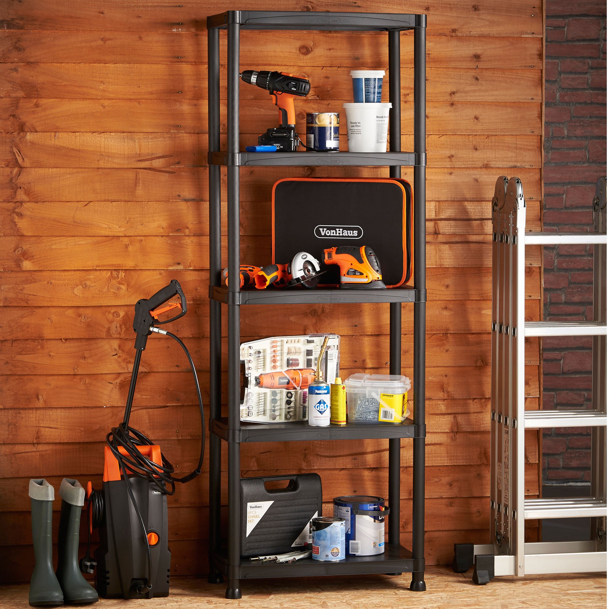 VonHaus 5 Tier Garage Shelving Unit with Wall Brackets Black Plastic