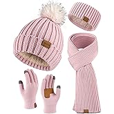 spxkd Womens 4Pcs Beanie Scarf Gloves Headband Set Fleece Lined Beanie & Headband Earmuff, Scarf and Touchscreen Gloves