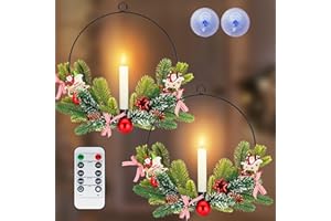 NOMFIX 2Pack Christmas Wreaths for Front Door with Timer & Flickering LED Taper Candles & Remote, 16'' Windows Wreaths, Fireplace Christmas Decorations