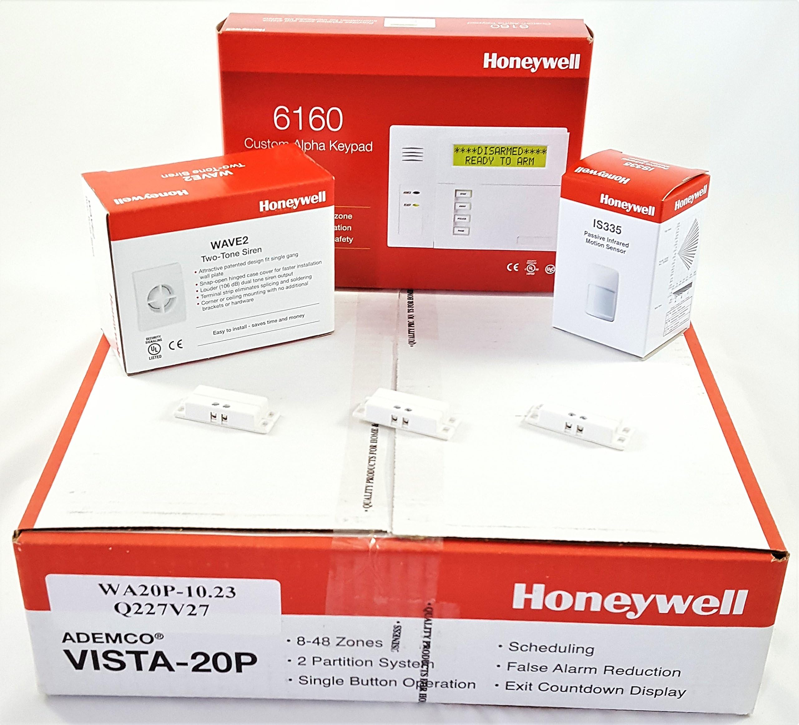 Honeywell Vista 20P Hardwired Kit with a 6160 Keypad, One IS335 Motion Sensor, Three Mini 945T Contacts, and a Wave2 Siren