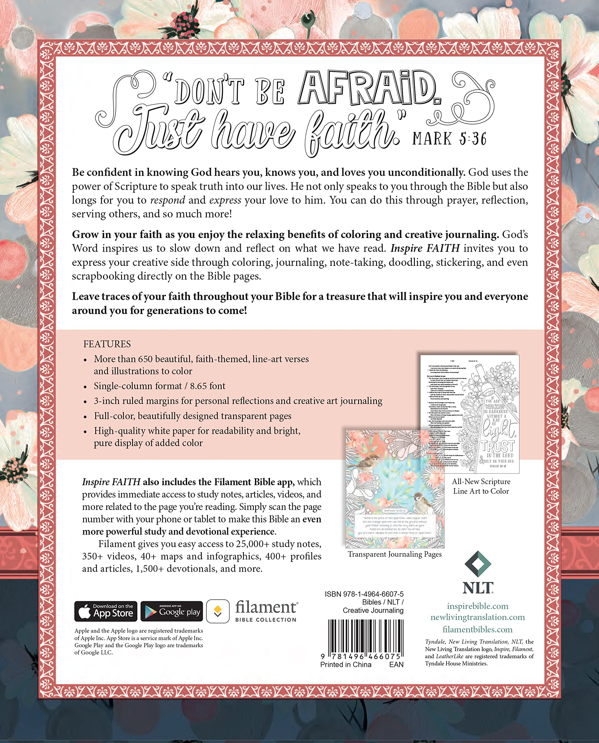 Inspire FAITH Bible NLT, Filament Enabled (LeatherLike, Watercolor Garden): The Bible for Coloring & Creative Journaling Inspire FAITH Bible NLT, Filament Enabled (LeatherLike, Watercolor Garden): The Bible for Coloring & Creative Journaling Imitation Leather