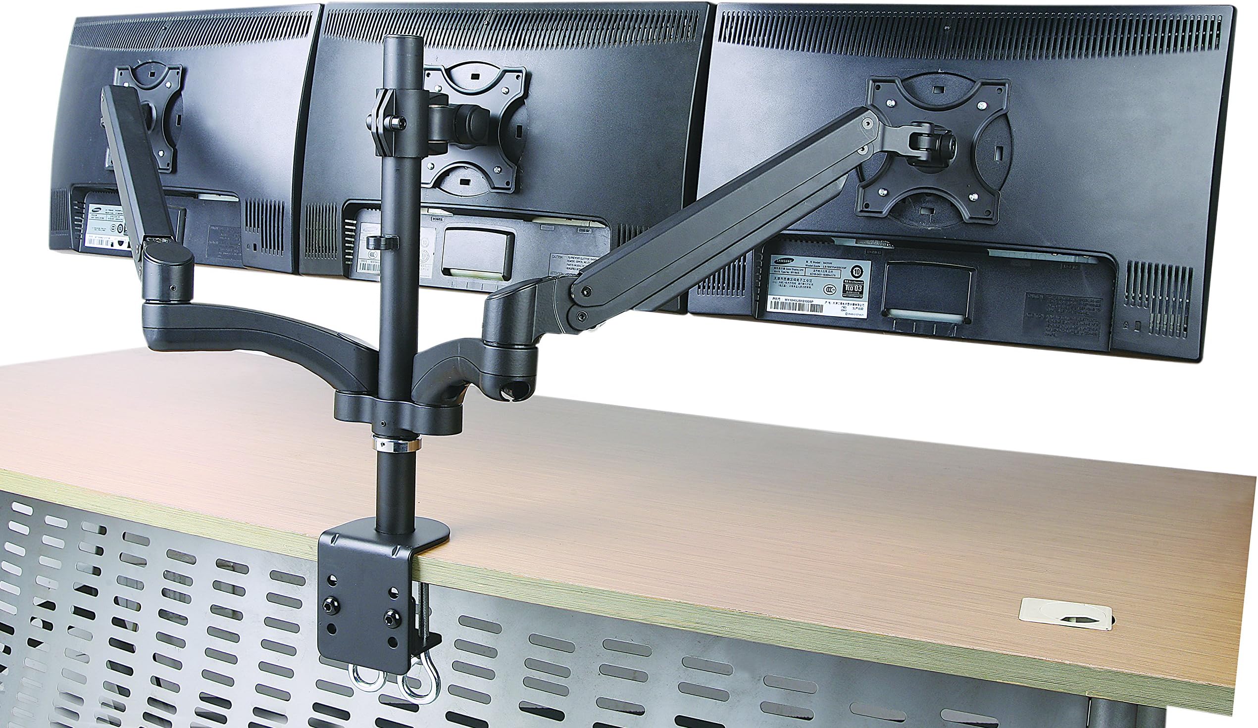 Rife Triple Monitor Desk Mount, Articulating Gas Spring Monitor Arm, Removable VESA Mount Desk Stand with Clamp Base, Fits 13 to 23 Inch LCD Computer Monitors, VESA 75x75, 100x100mm, Black