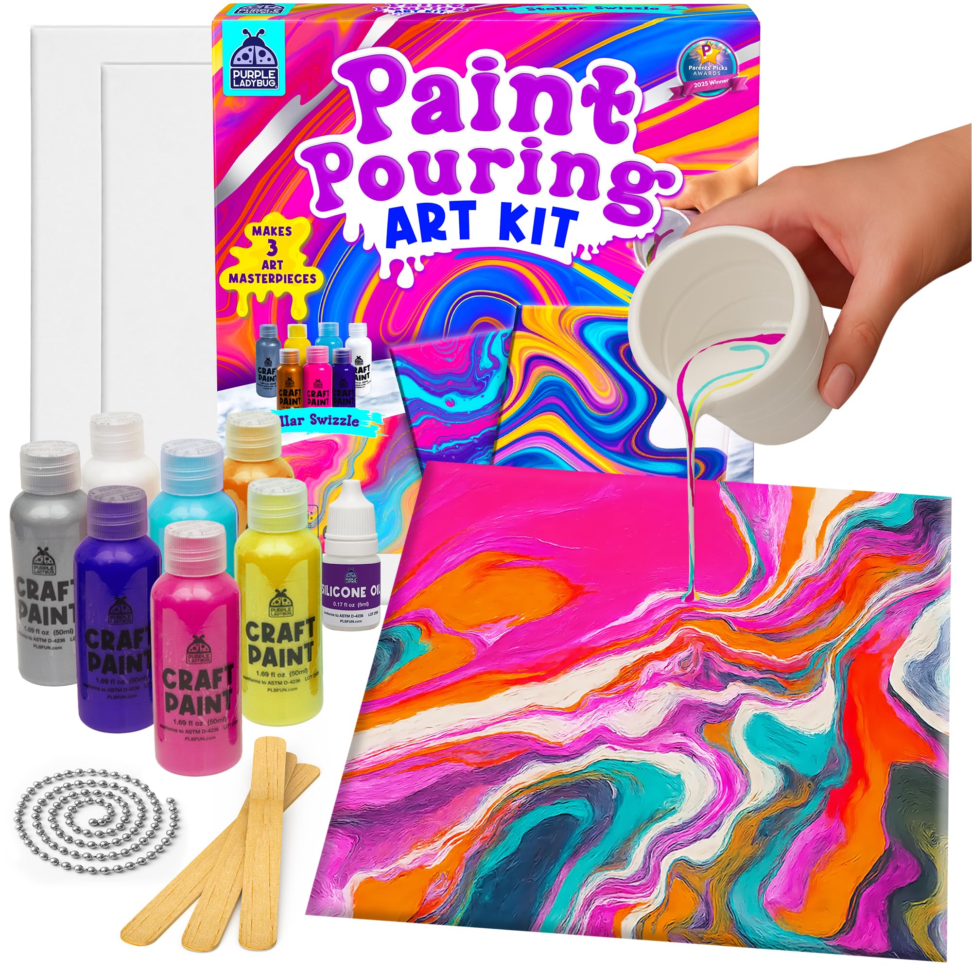 Paint Pouring Art Kit for Girls & Boys (Stellar Swizzle) - Arts and Crafts for Kids Age 6-12 - BPA Free - Includes Canvas Boards, 7 Paints & Tools, Creative Birthday Presents for Ages 6 7 8 9 10