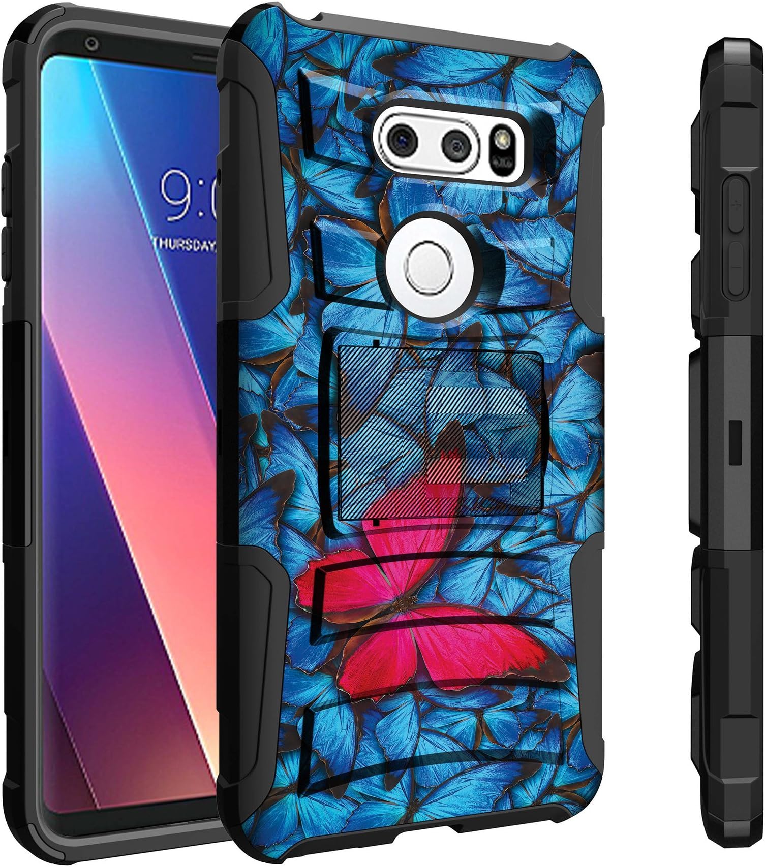 Untouchble Compatible with LG V30 Case, LG V30 Plus (2017) Butterfly Holster Case [Heavy Duty]- Shockproof Swivel Holster Case with Built in Kickstand - Blue Pink Butterfly