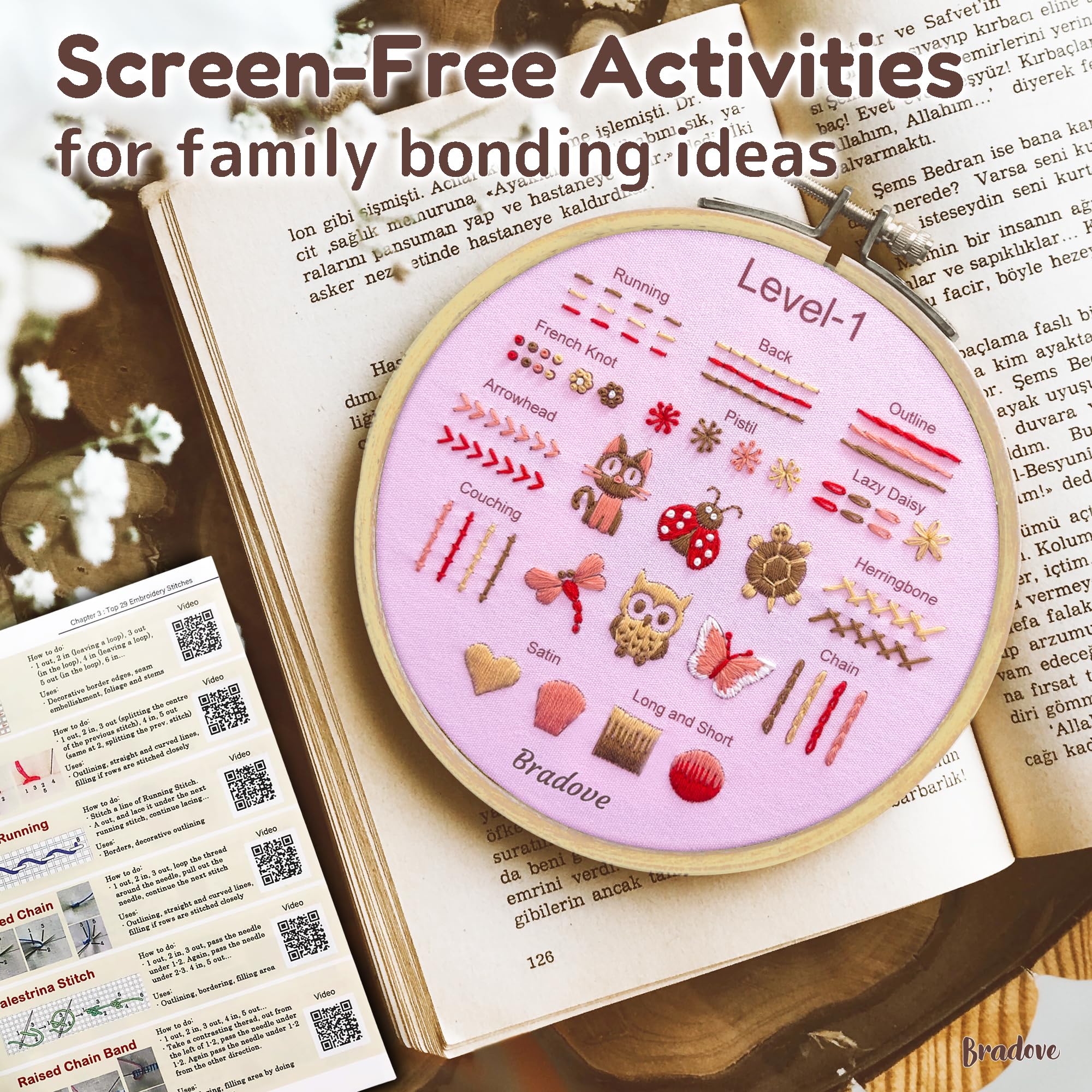 Bradove Beginner Embroidery Kit for Adults Kids, Learn to Embroider 37 Stitches and 13 Cute Patterns, Stitches Kit, Bead Embroidery Kit, Beginner Embroidery Practice