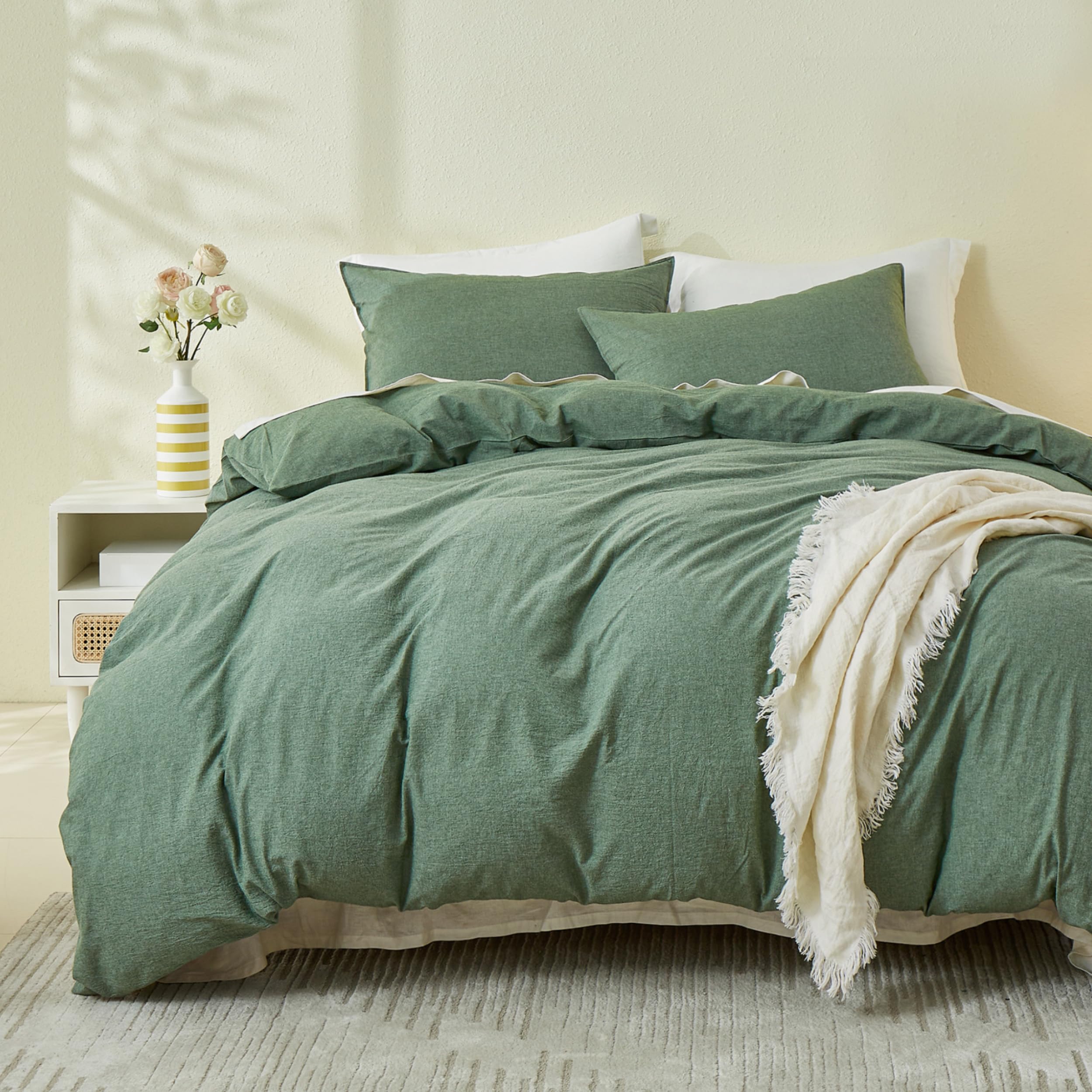 Simple&Opulence King Size Duvet Cover Sets, 100% Washed Cotton Soft Cozy Quilt Cover, 3 Pcs Modern Linen-Look Bedding Set with Zipper Closure (Green,230x220cm)