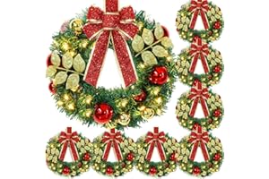 Yunlly 8 Pcs 13.8" Small Lighted Christmas Wreaths, Artificial Christmas Pine Needle Wreath with Large Bow Led Battery Operated Wreath Decor for Front Door Gate Wall Xmas Party Decorations (Fresh)