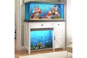 Saudism 40 Gallon Aquarium Stand With Charging Station, Farmhouse Fish Tank Stand, Reptile Tank Stand Terrarium Stand with Drawer and Cabinet Storage, Sturdy Heavy Duty 41.9"×18.3" Tabletop - White