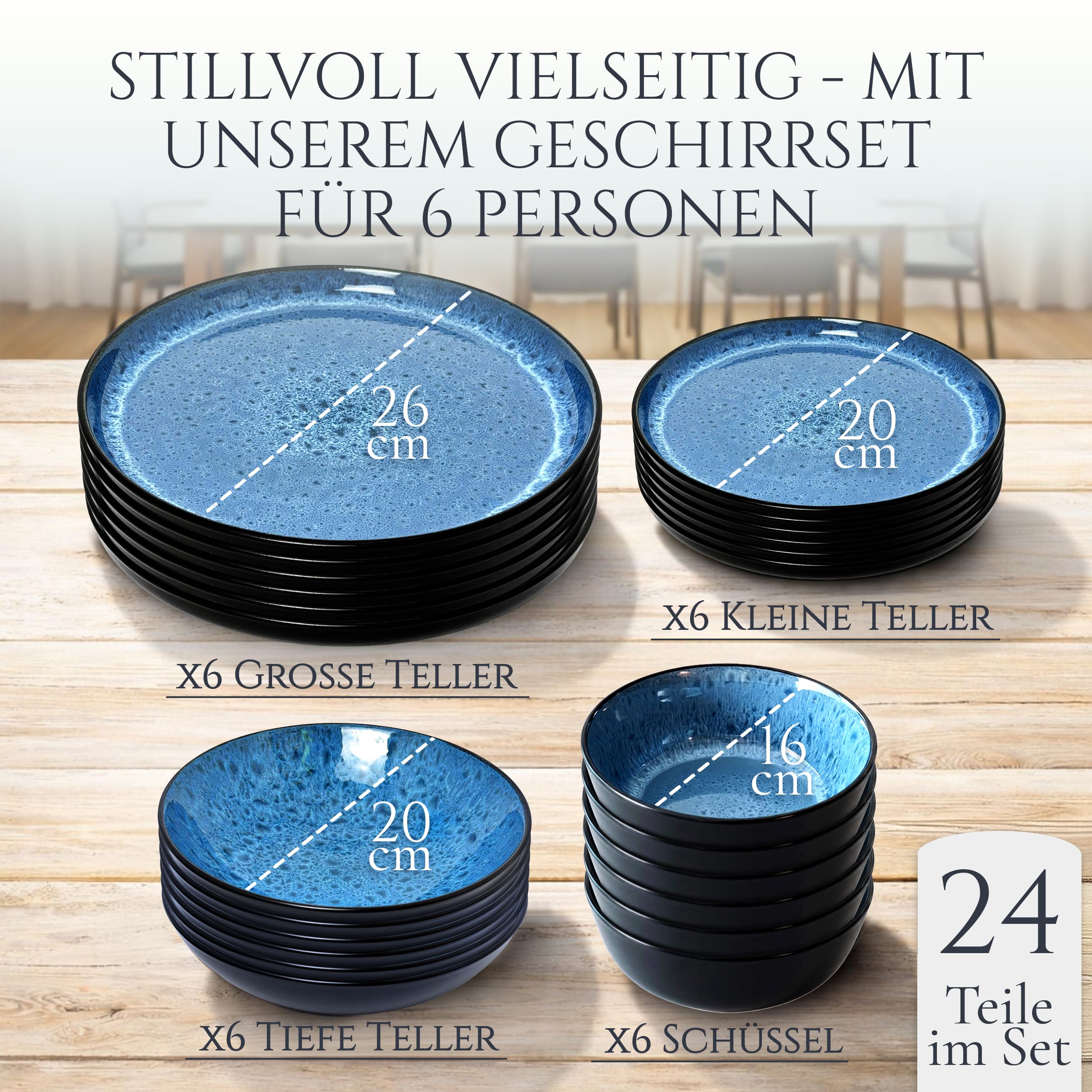 Steingut Geschirrset 6 Personen Ibiza 24 tlg. TESTSIEGER, Traumhaftes Mediterranes Steingut Geschirr Set, Schüssel- und Teller Set, Tafelservice 6 Personen, Geschirrsets Pure Living in Tiefblau 5