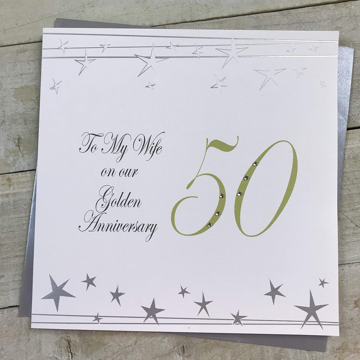 WHITE COTTON CARDS To My Wife 50, Handmade Large 50th Anniversary Card (Big Twist Range, Golden), 22cm x 22cm