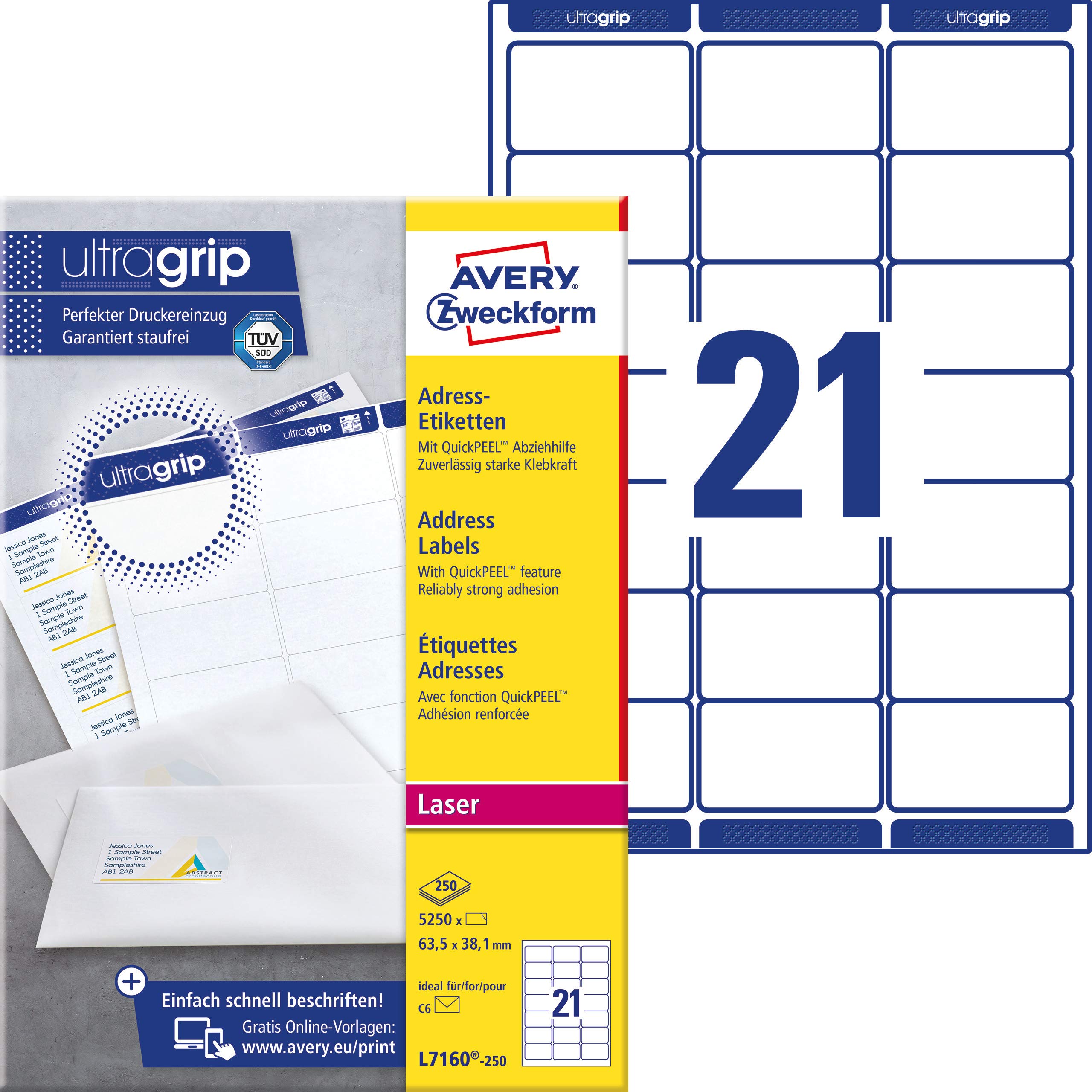 Avery Zweckform L7160-250 Addressing Labels 63.5 x 38.1 mm 250 Sheets