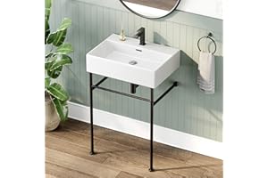 HOROW 24" x 17" Console Bathroom Sink with Stainless Steel Support Pedestal Legs, Free Standing Vanity Basin, Wall-Mount Modern Rectangular Ceramic Sink Porcelain, Matte Black