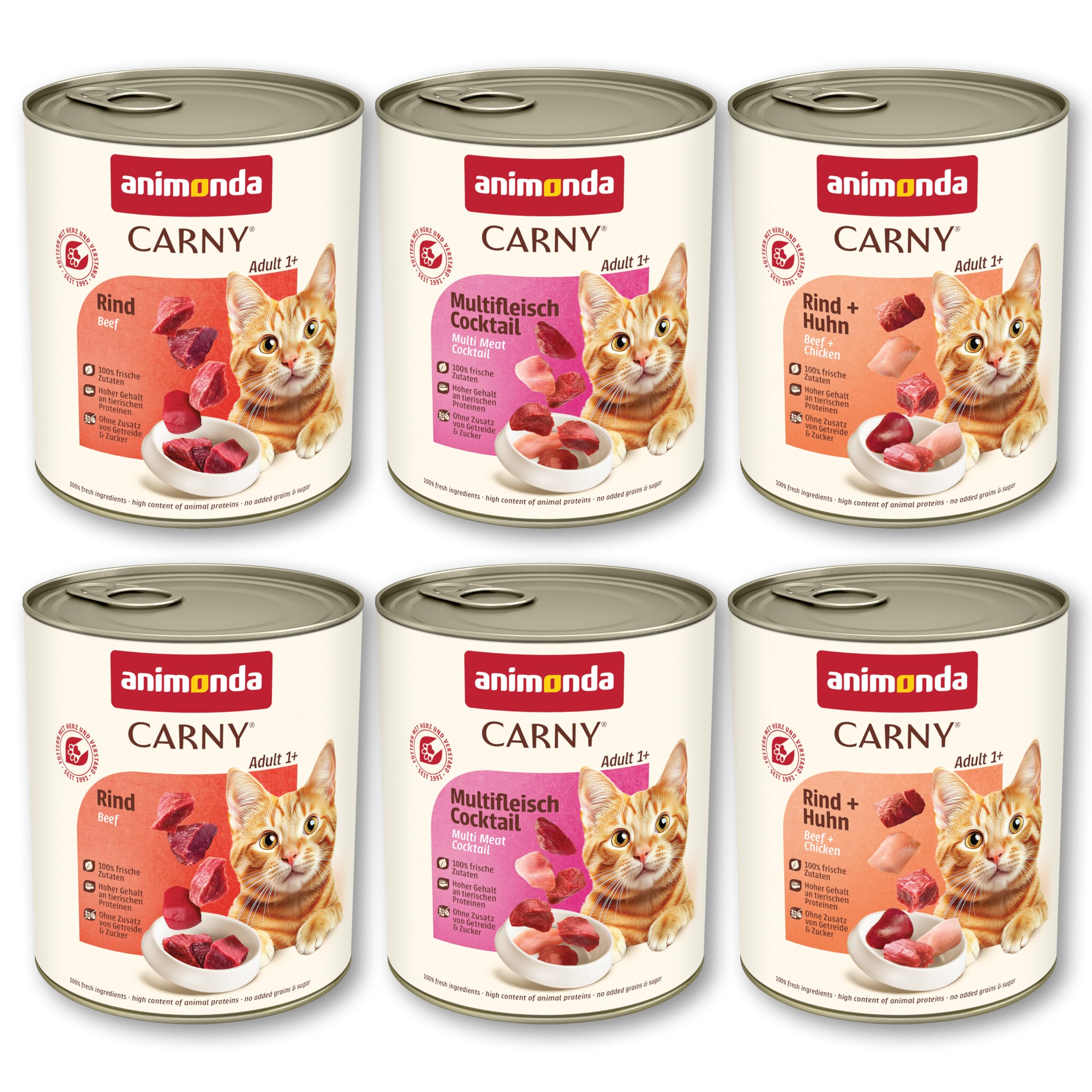 animonda Carny Adult Herzhafte Variation (6 x 800 g), Katzennassfutter für ausgewachsene Katzen, Nassfutter mit 100 % frischen, fleischlichen Zutaten, Katzenfutter ohne Getreide und Zucker