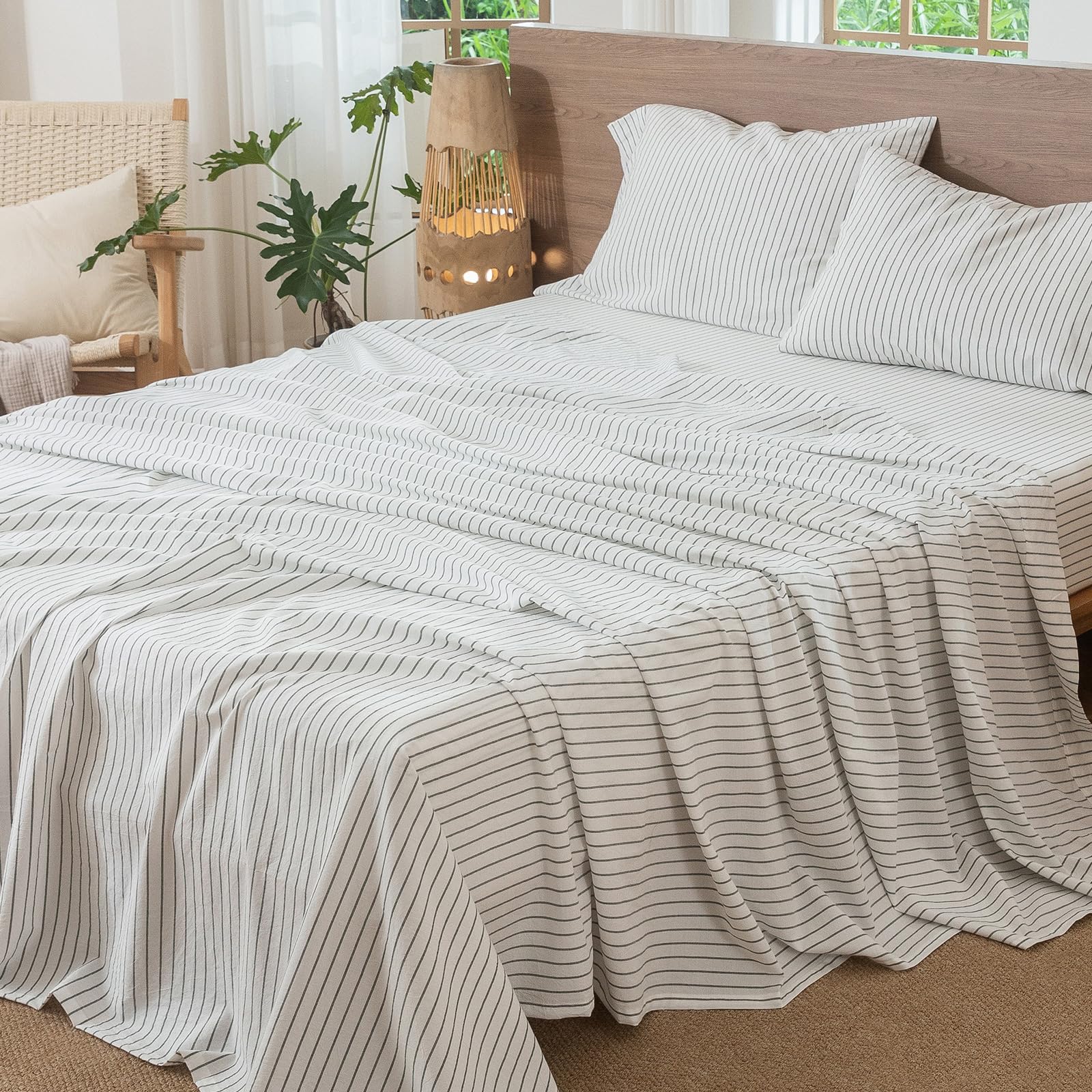 Photo 1 of MooMee Stripes Flat Top Sheet Only 100% Washed Cotton Linen Like Textured Breathable Durable (White Heathered Green Wide Stripes, Queen)