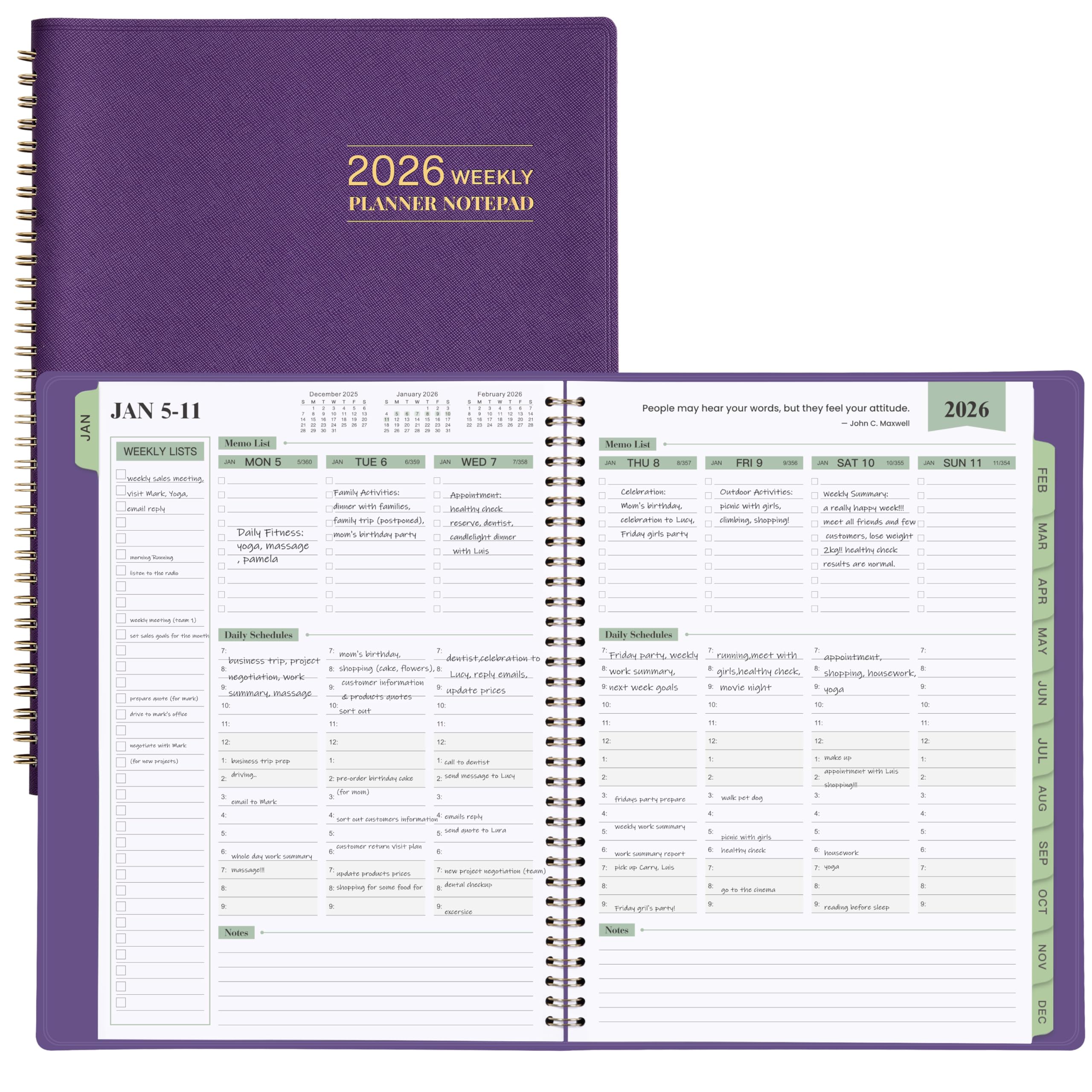 View 1 of 2026 Planner - Planner 2026 Weekly and Monthly, 11.38'' x 8.74'', 2026 Calendar Leather Planner, JAN 2026 - DEC 2026, Daily Hourly Appointment Book, To Do List, Monthly Tabs, Faux Soft Leather, Back Pockets - Purple