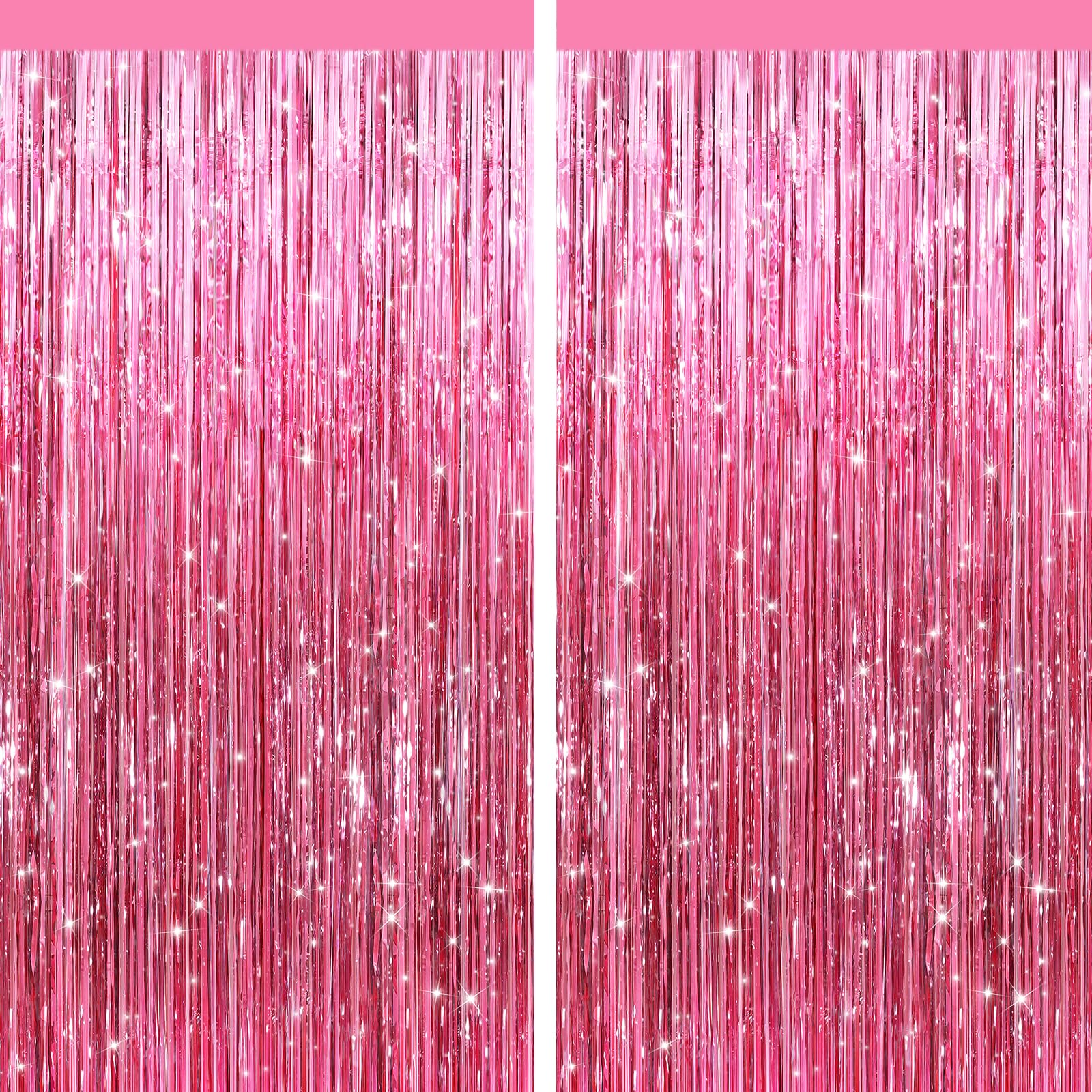 Photo 1 of 2 Pack Pink Metallic Tinsel Foil Fringe Curtains, Door Streamers Photo Booth Backdrop for Birthday Party, Tinsel Curtain Backdrop for Baby Shower Bachelorette Christmas Party Decorations