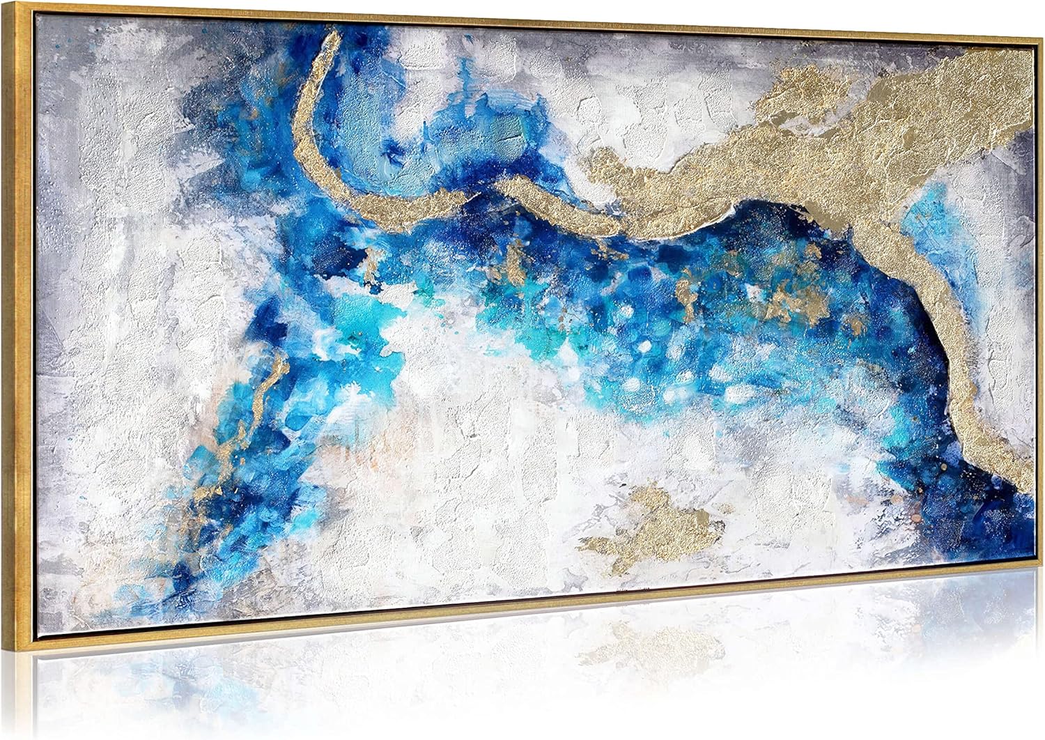 Paintings - Blue Abstract Gray Painting Wall-art: Navy Marble Canvas Art Golden Foils Art Gold Modern Picture Beach or Coastal Artwork for Large Wall Decor Living Room