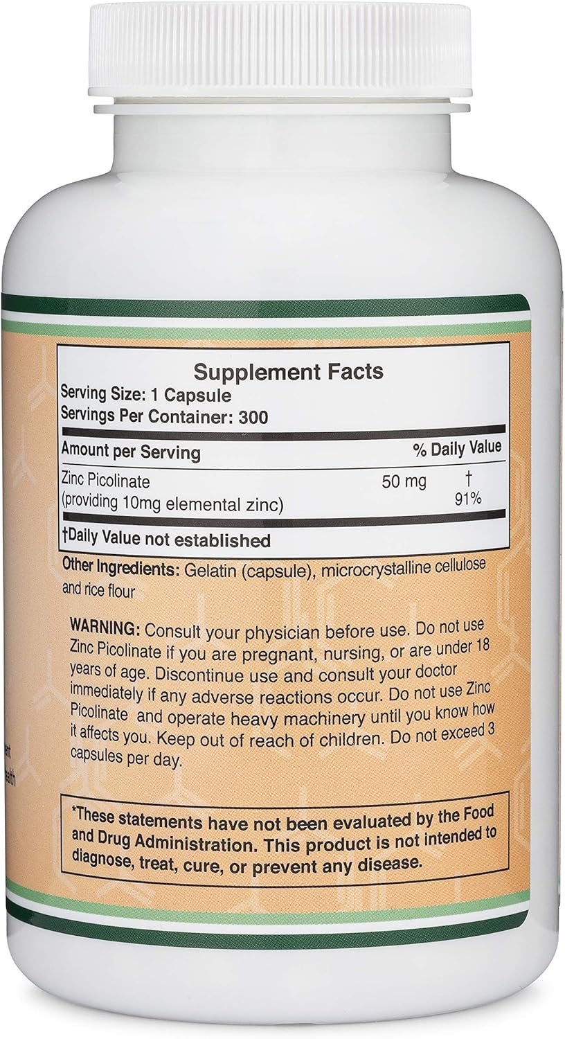 Zinc Picolinate 50mg, 300 Capsules (Immune Support for Kids and Adults) Non-GMO, Gluten Free, Made in The USA (300 Day Supply) by Double Wood Supplements: Health & Personal Care
