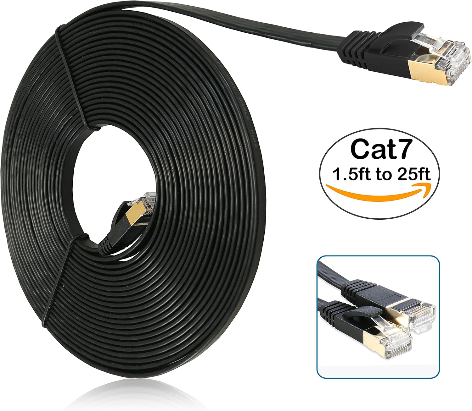 Ethernet Cable, Cat7 Gold, Flat, Network Cable, RJ45, Internet Cable, Black, UTP Cable, Ibex Cables 5 Feet (1.5 Meters) - Pack of 5