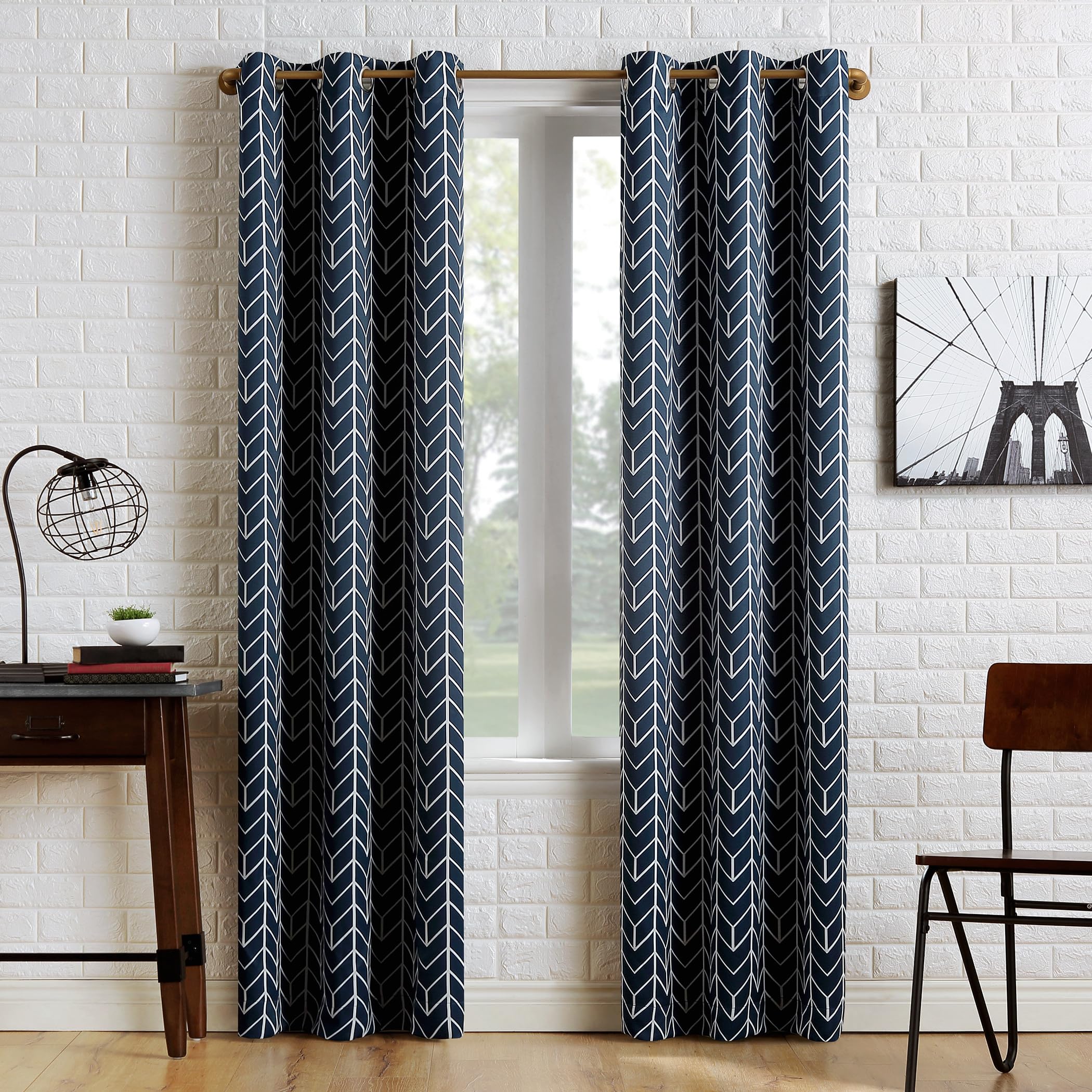 Sun Zero Chevron Blackout Grommet Curtain, Polyester, Navy Blue, 40 in x 95 in Panel