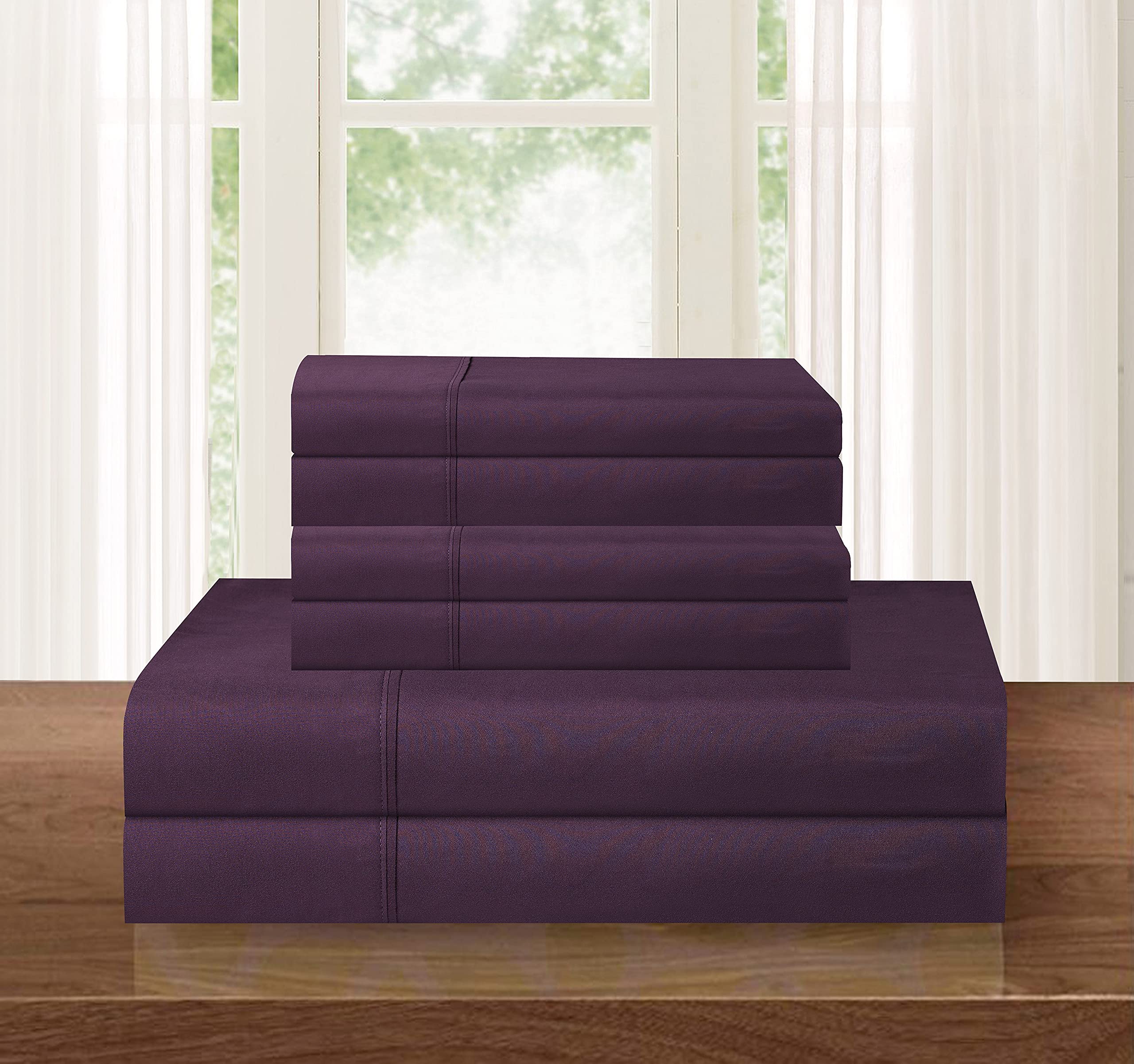 Elegance Linen ® 1500 Thread Count WRINKLE RESISTANT 4 pc Sheet set, Deep Pocket and Colors, Queen Purple