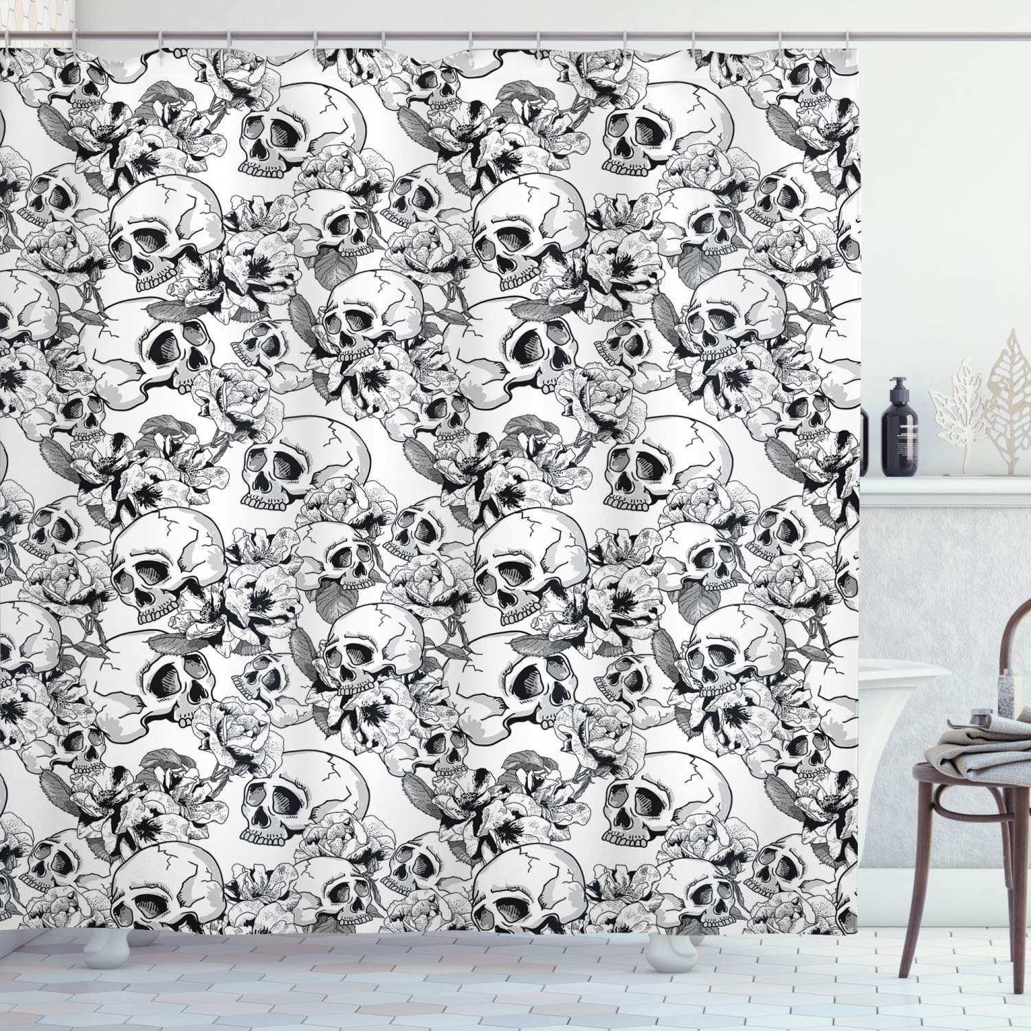 ABAKUHAUS Day of the Dead Shower Curtain, Celebration Mexican Spanish Sketch Dead Skulls Artwork Print, Cloth Fabric Bathroom Decor Set with Hooks, 86 Inches Extra Long, Black and White