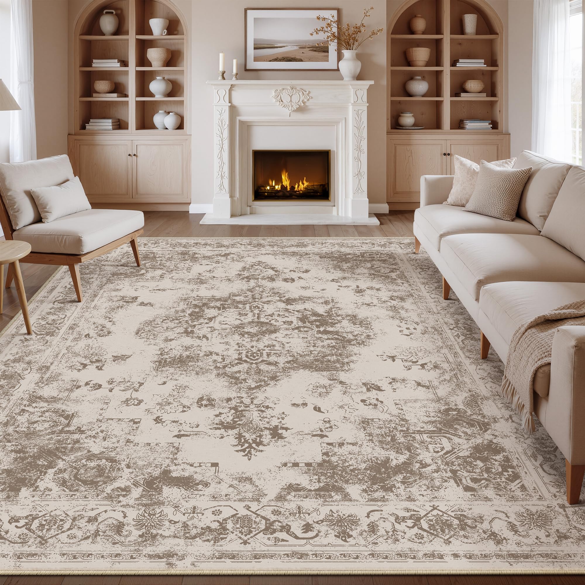 Photo 1 of WondRg 8x10 Washable Area Rug Brown Neutral Carpet for Living Room Bedroom Large Distressed Vintage Low Pile Soft Non-Slip Lightweight Vacuumable Throw Rug for Dining Room Office Kitchen