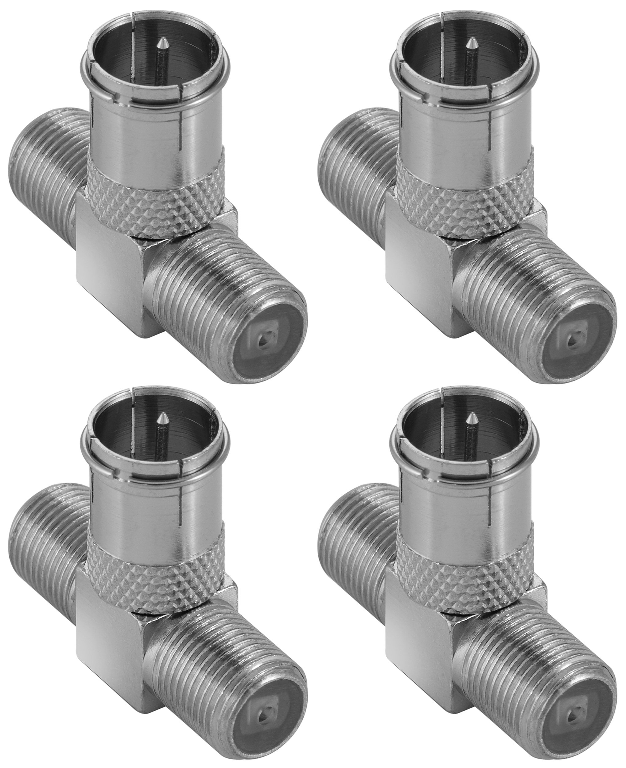 Poppstar 4x Sat TV Coax Distributor T-Piece (F-Quick Connector: 2x F-Female 1x F-Male) Antenna Splitter Adapter for Coaxial Cable, Antenna Cable, Silver
