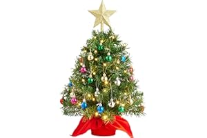 Joiedomi 24"/2FT Mini Christmas Tree Tabletop Set with Clear LED Lights, Artificial Mini Christmas Tree with Star Treetop and Hanging Ornaments, Best DIY Xmas Decorations