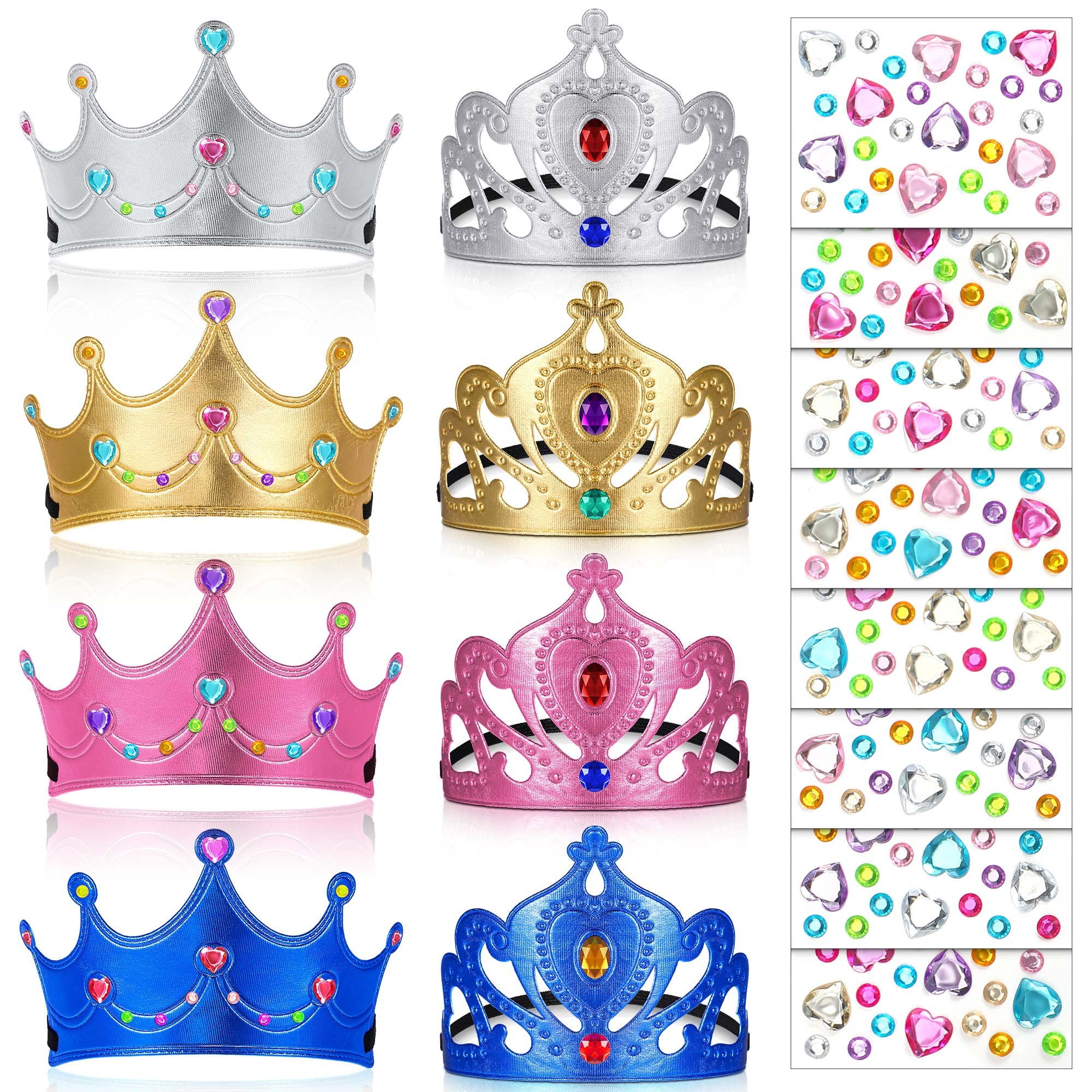 Aoriher 16 Pieces Foam Crowns Set for Kids Including 8 Princess Tiaras and Crowns 8 Crystal Diamond Sticker Kids Birthday Party DIY Your Own Princess Queen Tiaras Prince King decor