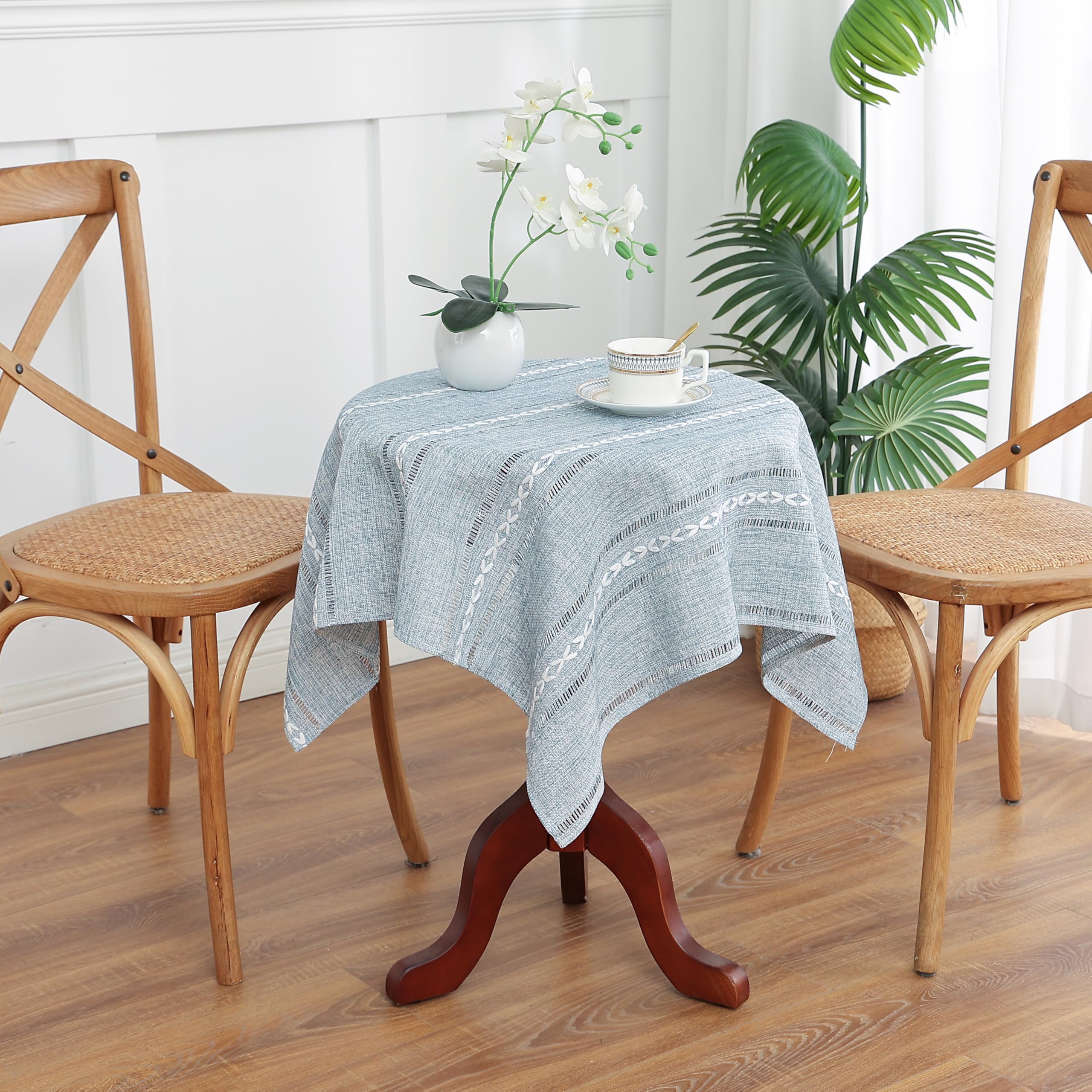 Photo 1 of Gernaice Boho Striped Small Square Tablecloth 24x24 Inch, Premium Linen Blend with Cutwork Embroidery, Dustproof Washable Table Cover for Coffee Nightstand Sofa Side End Tables (Blue)