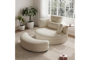 Olodumare Oversized 360° Swivel Barrel Chair with Storage Ottoman & Rotatable Tray Table, Modern Comfy 51’’ Corduroy Accent Chair with Cresent-Shaped Ottoman, Extra Wide & Deep Seat, Sand Beige