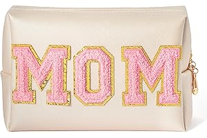 Y1tvei Preppy Patch MOM Varsity Letter Cosmetic Toiletry Bag PU Leather Portable Waterproof Makeup Bag Zipper Pouch Purse Travel Organizer Mama to Be Gift for Mom Birthday Mother's Day Baby Shower