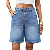 ELLEVEN Women’s Jean Bermuda Shorts Baggy Jorts, High-Waisted Knee-Length Denim Shorts with Pockets